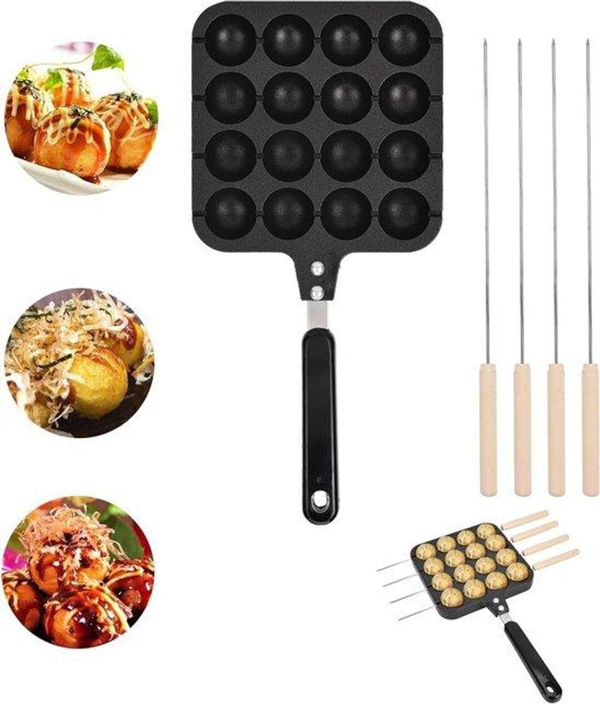 Runder Grillpan aus Aluminium mit 16 Löchern - Non-Stick Takoyaki Form mit Koch- und Backform - Runde Pfannkuchen Form mit Backnadeln.
