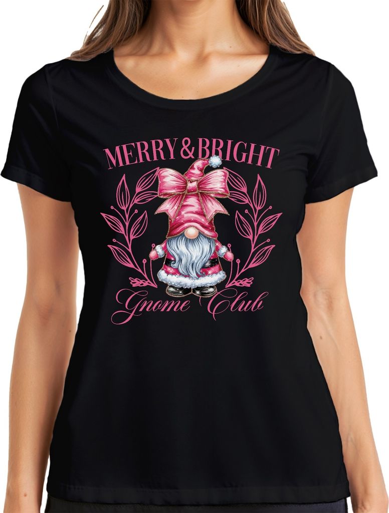 Merry & Bright Gnome Club Rosa - Weihnachten Xmas Christmas Damen T-Shirt, Schwarz, L