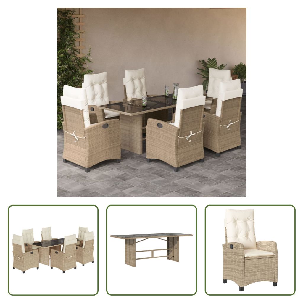 The Living Store 7-tlg. Garten-Essgruppe mit Kissen Beige Poly Rattan