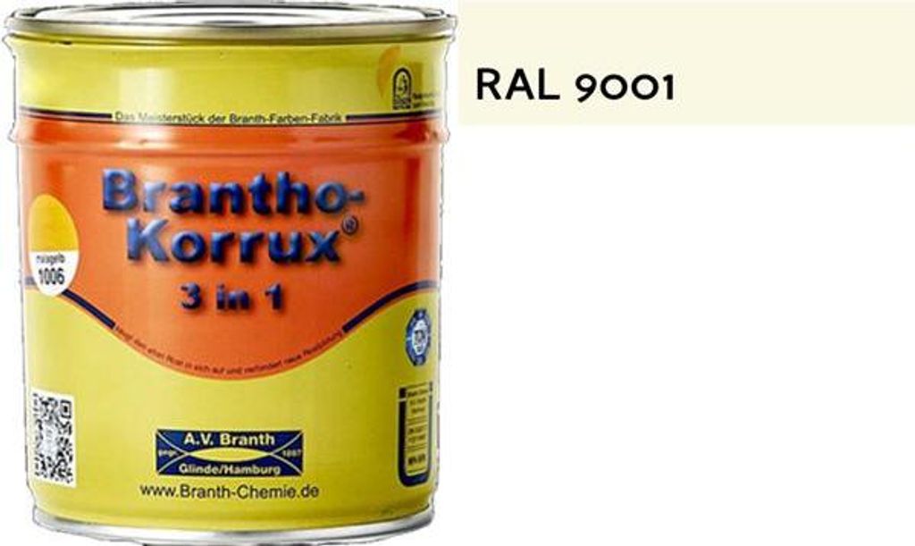 5l Brantho Korrux 3in1 Rostschutz RAL 9001 cremeweiß Metallschutzfarbe Branth seidenglänzend