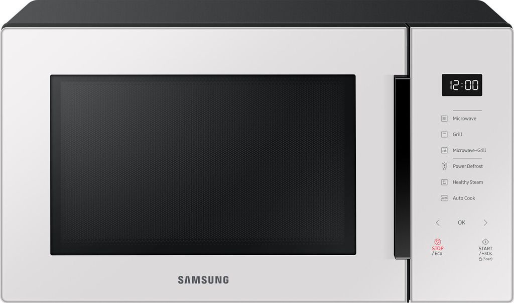 A white and black Samsung microwave oven is shown from the front.