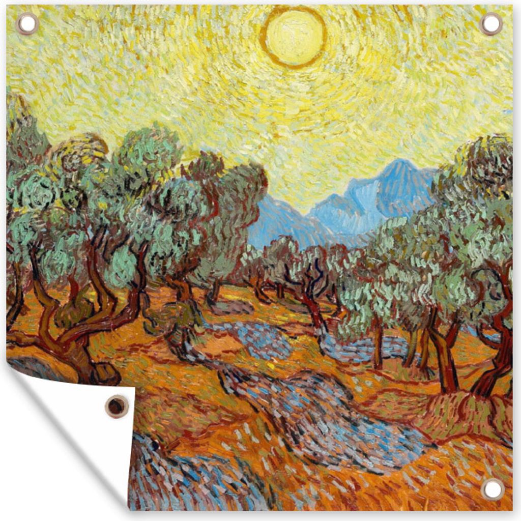 MuchoWow 100x100 cm Outdoor-Poster Gartendeko Sichtschutz Garten Poster für den Garten Olivenbäume mit gelbem Himmel und Sonne - Vincent van Gogh