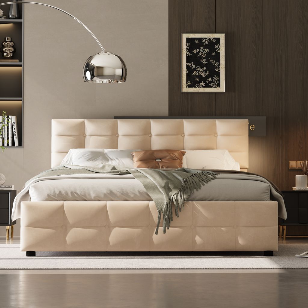 STILVORA Polsterbett 180x200 Doppelbett Bettgestell mit Bettkasten,Jugendbett mit Lattenrost und Rückenlehne,Ohne Matratze,Plaid-Design,Beige