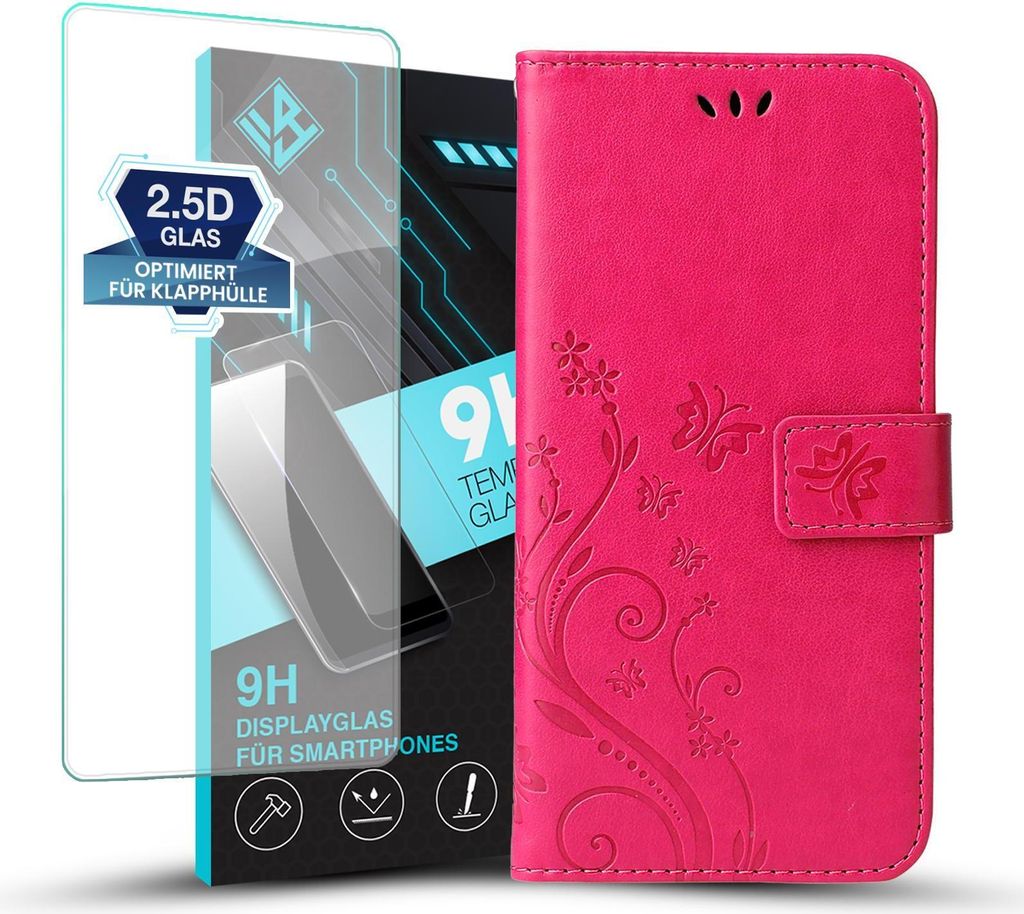 Handyhülle für Apple iPhone 16 Pro Max mit 9H Displayglas Floral Blumen Schmetterling Flip Cover Hülle Case Klapphülle Handytasche Farbe: Pink