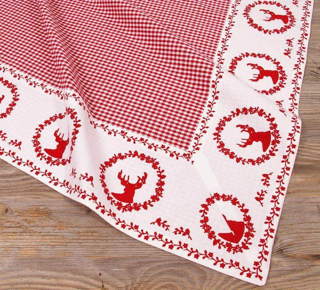 Tischdecke RESI Hirsche kariert rot, 100 % Baumwolle, in 100x100 cm