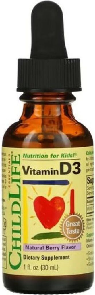 A bottle of Child Life Vitamin D3 with a dropper.
