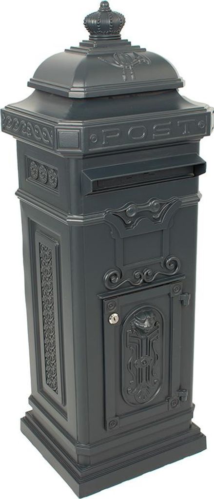 A dark gray cast aluminum pillar mailbox with ornate detailing and a crown-like top.