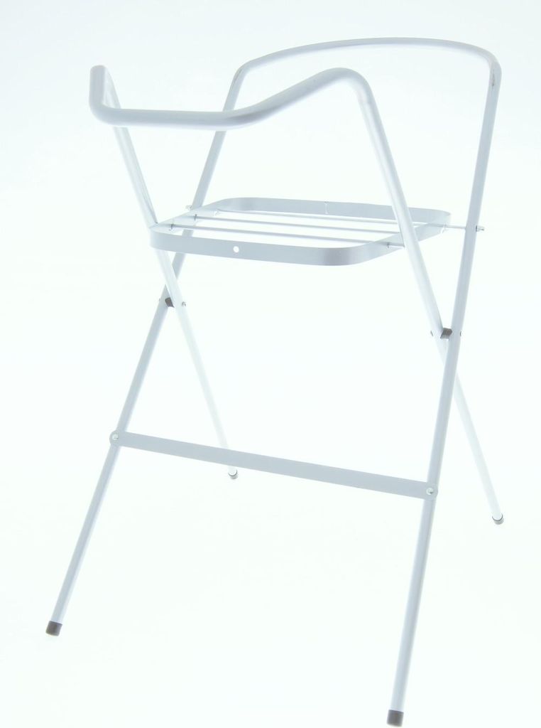 A white metal table stand against a white background.