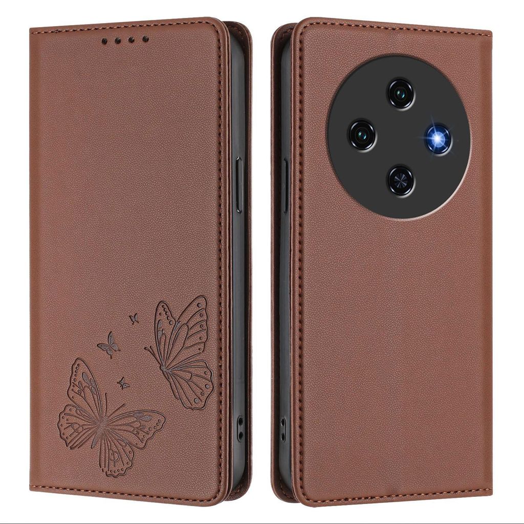 Lederhülle für Oukitel C5 2025, Schmetterling Prägung Leder Brieftasche Schutzhülle mit Ständer Braun