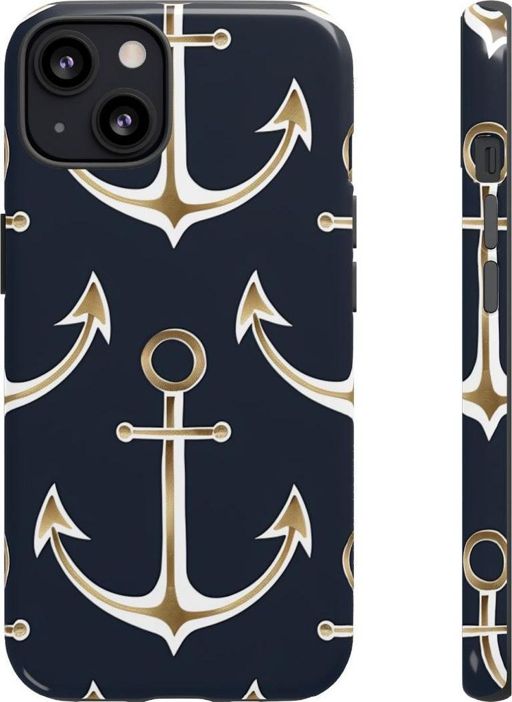 Goldene Anker auf dunkelblauem Muster – Hülle Kompatibel mit iPhone 13