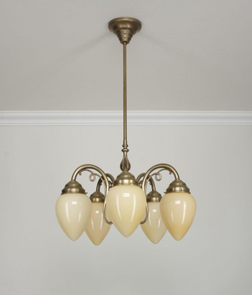 Hängelampe Echt-Messing Glas E27 H: max. 92 cm in Berliner Messing Elfenbein Jugendstil