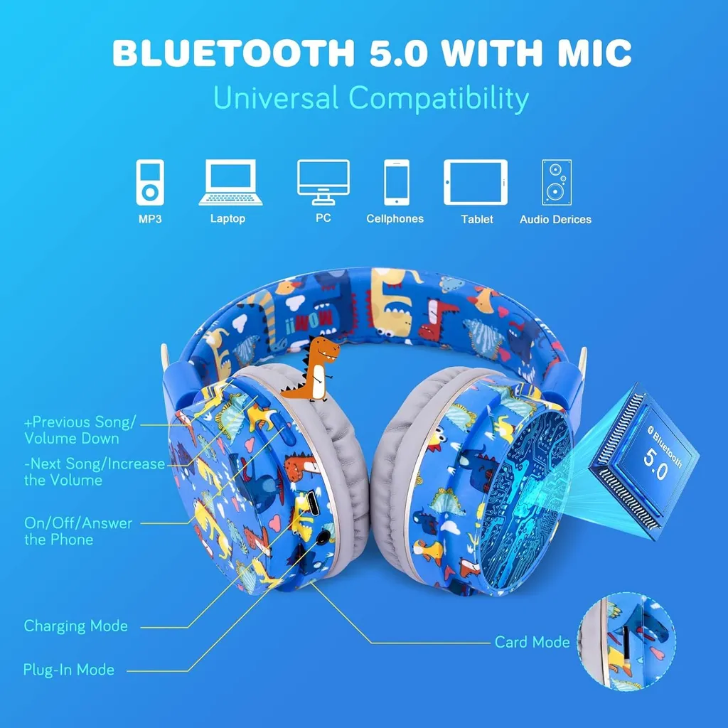 Cuffie Dinosauro Wireless per Bambini: Audio Sicuro 85dB e Bluetooth 5.3 - 6