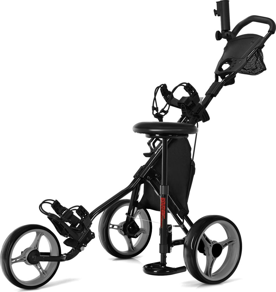 GOPLUS Golf Trolley, Golftrolley 3 Rad mit Verstellbarer Griff, Sitz & Fußbremse, Golfwagen klappbar, Grau