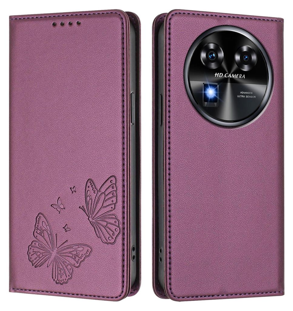 Lederhülle für Oukitel C37, Schmetterling Prägung Leder Brieftasche Schutzhülle mit Ständer Lila
