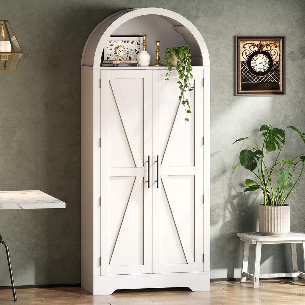 Flieks Gewölbter Schrank mit Ablage über der Tür und offenem Oberteil, Küchenschrank, Hochschrank 70x35x170cm, Weiß