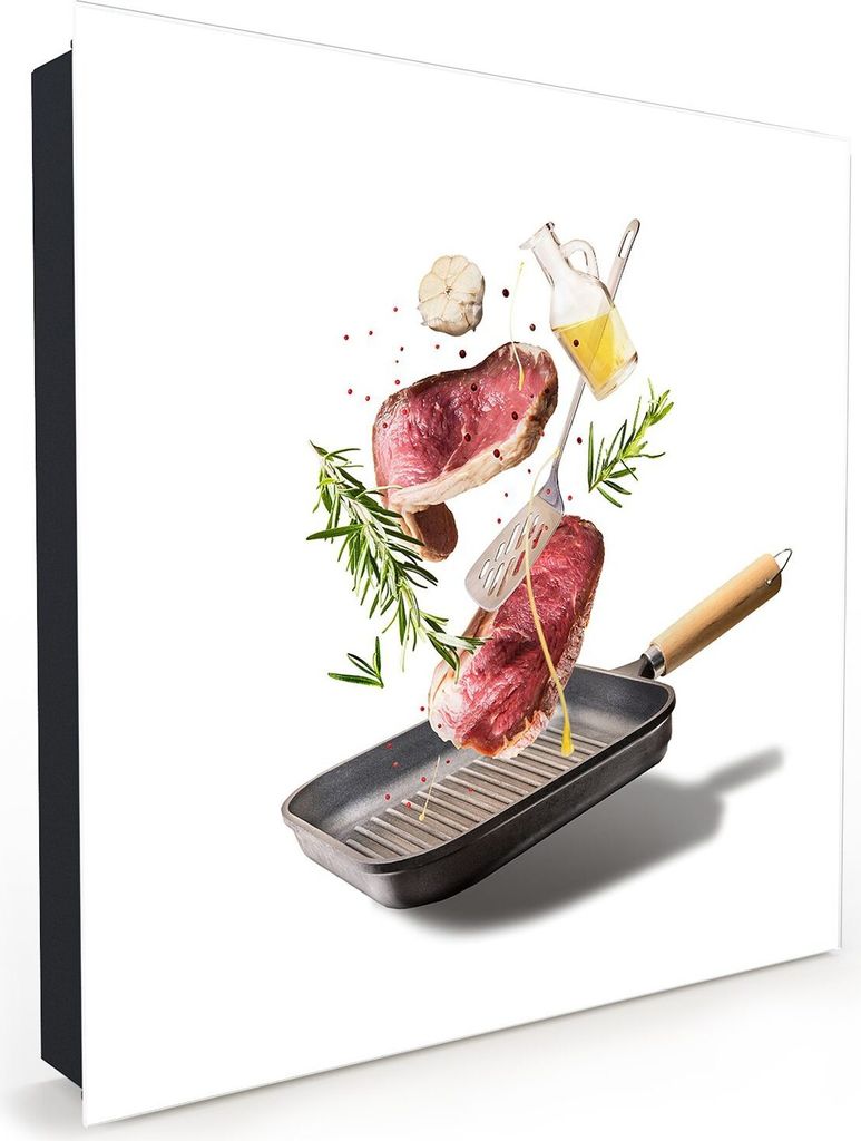 Nachbildung-Schlüsselkasten, Magnetpinnwand und Memoboard mit Glasfront Motiv Grillpfanne mit Fleisch