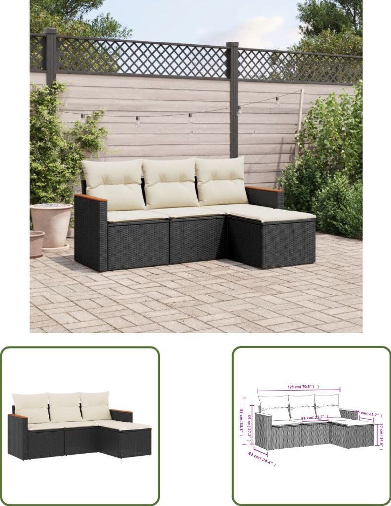 The Living Store 4-tlg. Garten-Sofagarnitur mit Kissen Schwarz Poly Rattan