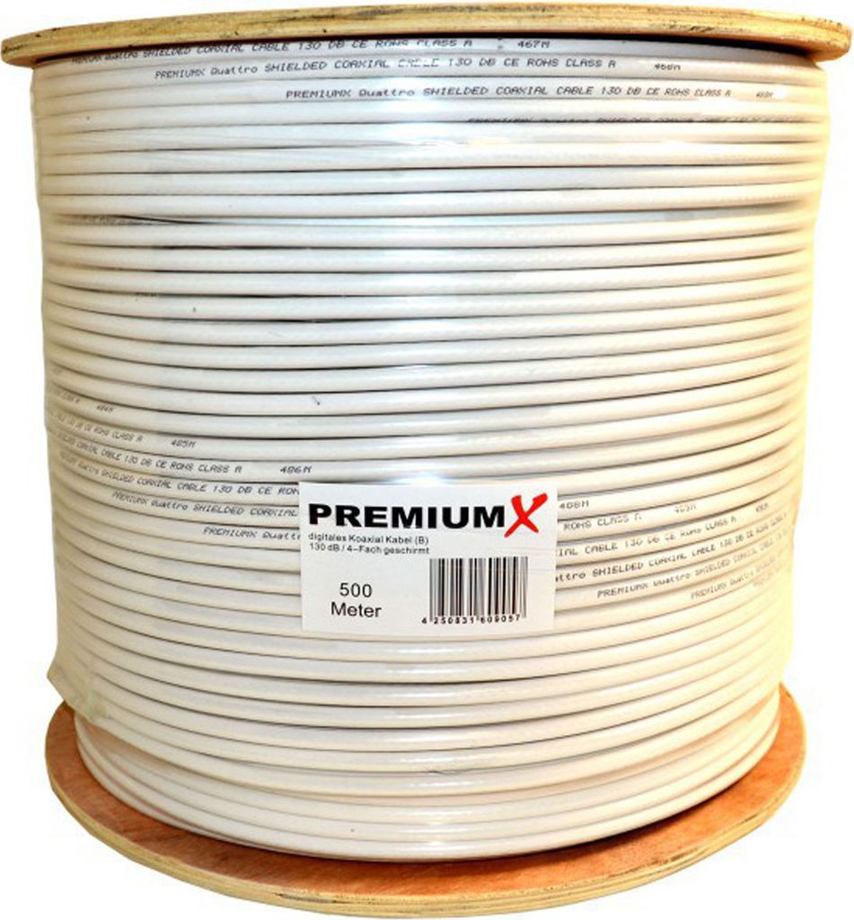 PremiumX 500m BASIC Koaxialkabel 135dB 4-fach CCS SAT Kabel Antennenkabel