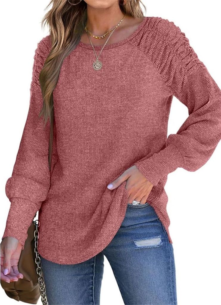 ASKSA Damen Langarmshirt Puffaermel Rundhals Leichte Rippstrick Casual Elegant Tunika Oberteile Tops, Dunkelrosa, L