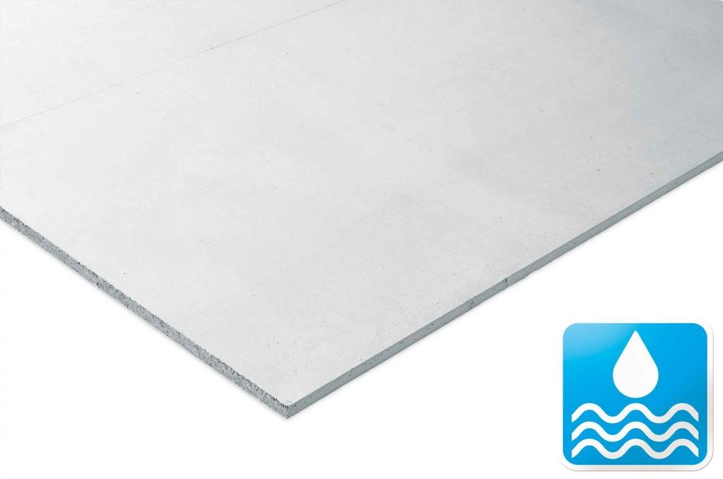 A close-up, angled view of a white building board with a water droplet icon in the bottom right corner.