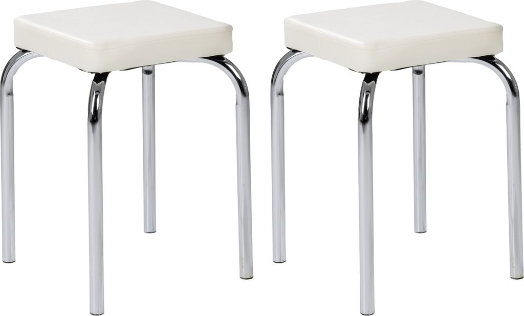 Two white stools with chrome legs on a white background.