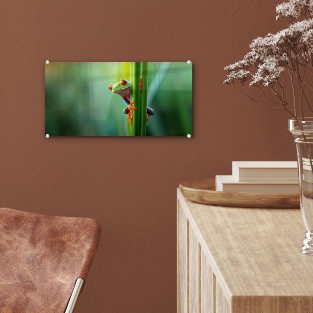 MuchoWow Glasbilder - Bilder auf Wandbild - Foto auf Glas Grüner Frosch - Neugierig - Gras 40x20 cm Wanddekoration aus Glas - Acrylglasbild - Acry...