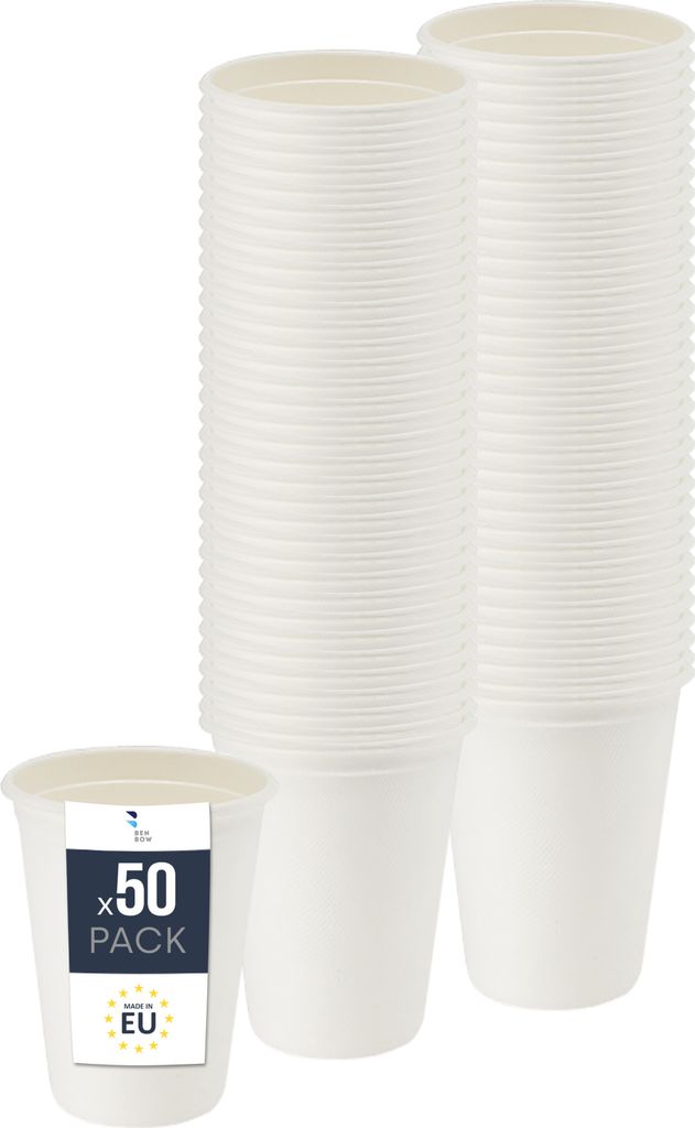 BenBow Einwegbecher aus Zuckerrohr, Weiß, 300 ml x 50 – Besser als Pappbecher, Umweltfreundlich, Ideal für Partys oder Kaffee