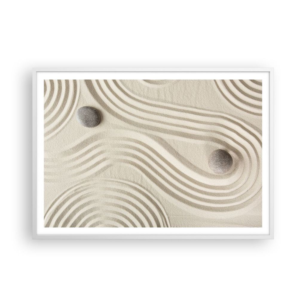 Gerahmtes Poster - Weißer Rahmen - Steine Figuren Sand - 100x70 cm - Wand Bild - Wanddeko - Wandbilder - Kunstposter - Wandposter - Bilderrahmen -...