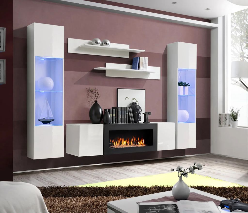 A modern living room with a wall-mounted entertainment unit featuring a fireplace and display cabinets.