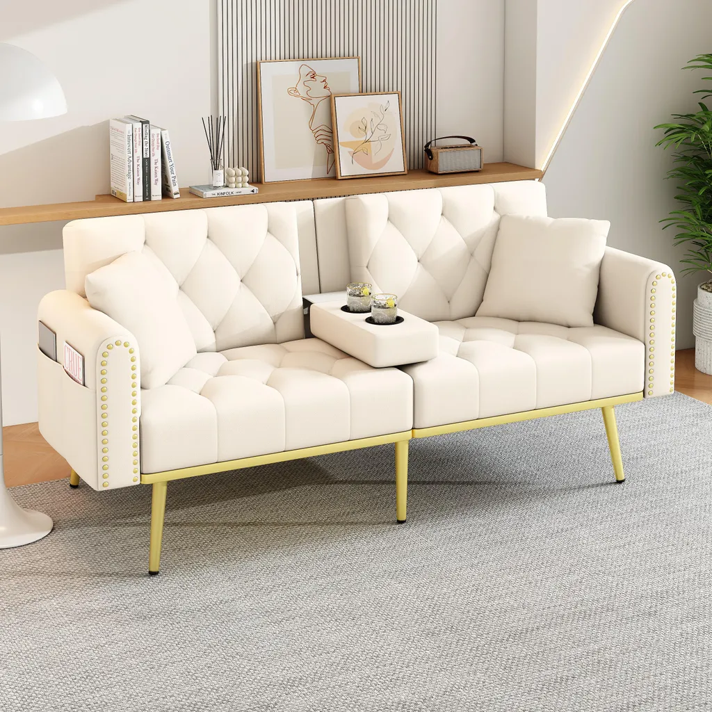Canapé Relax Réglable Beige avec Porte-Gobelets et 3 Positions Confort