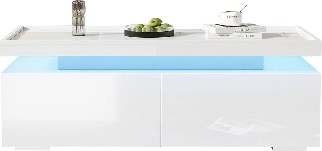 Table basse avec rangement 2 tiroirs LED pour petit salon blanc moderne