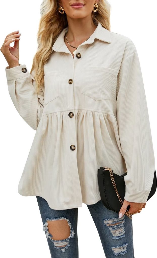 ASKSA Women's Blouse Corduroy Shirt Babydoll Shacket Jacket Lapels Long Sleeve Shirts, Beige, S
