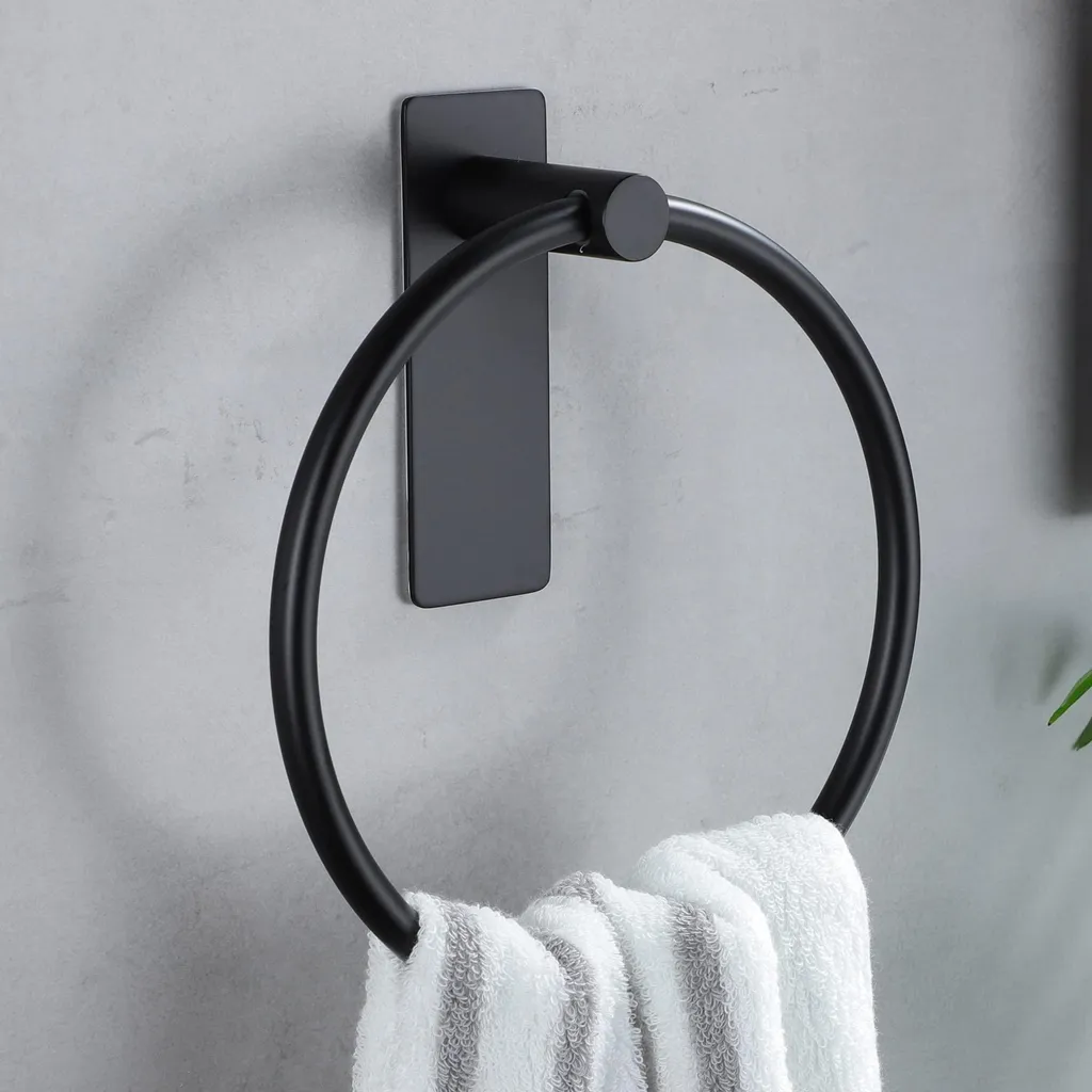 Anneau porte-serviette noir mat en inox autocollant fixation puissante