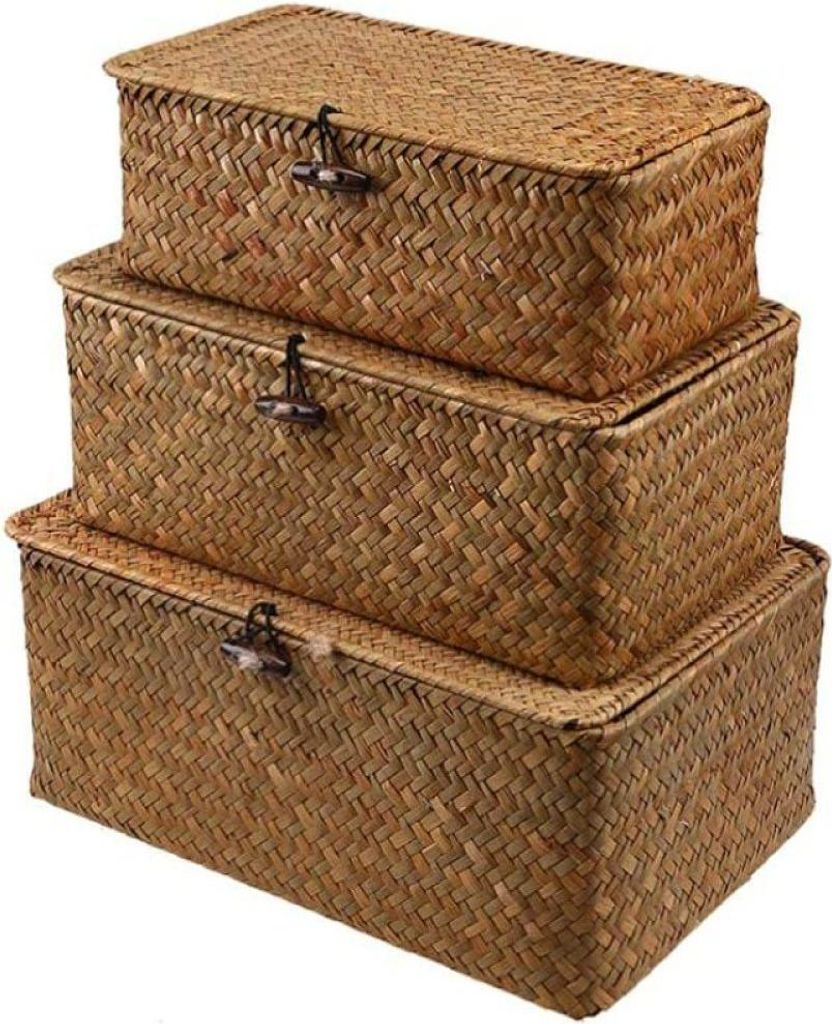 Gewebter Korb, Weidenkorb mit Deckel, Seegras-Wäschekorb, Rattan-Organizer-Box für Badezimmer, Wohnzimmer, Küche