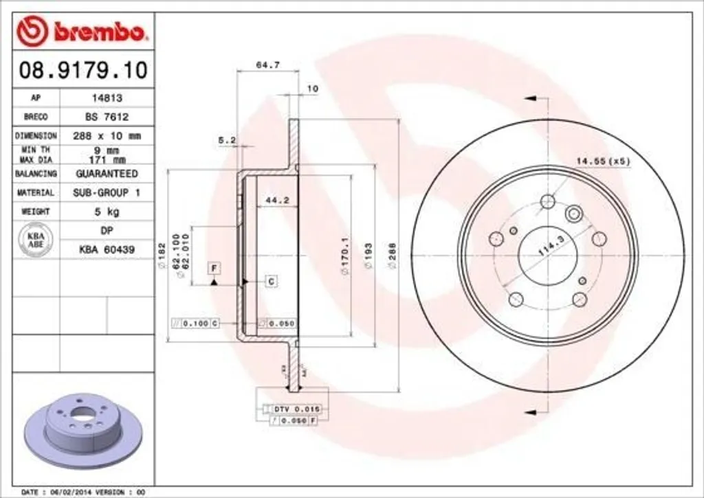Disque de frein arrière Brembo 08.9179.10 compatible Toyota et Lexus