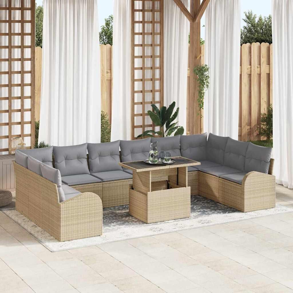 "2026 Promotion" Gartensofa-Set - Loungesofa - mit Kissen - 11 pcs - Terrassen-Sofa - Beige und Hellgrau Poly-Rattan - Gartensofas CC18956
