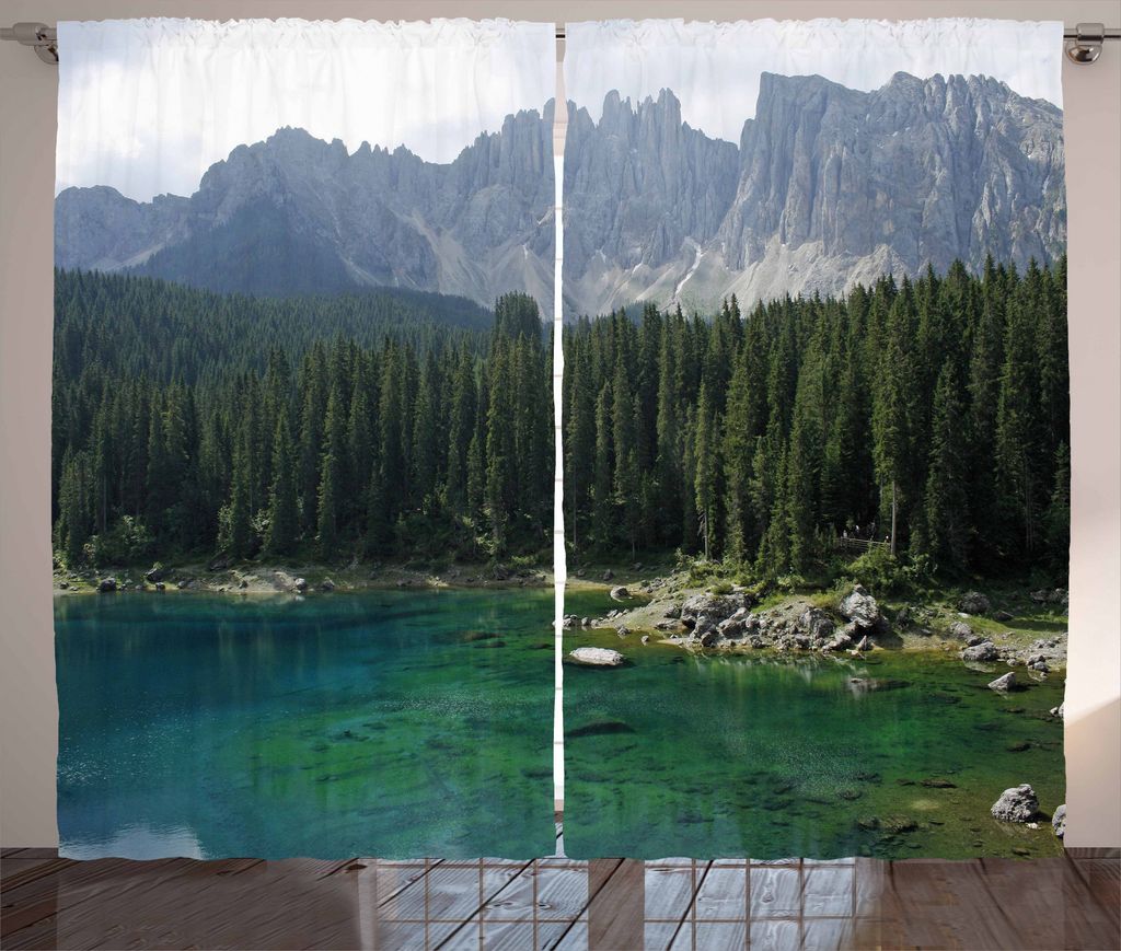 ABAKUHAUS Wald Rustikaler Gardine, Luftaufnahme Pines See, Schlafzimmer Kräuselband Vorhang mit Schlaufen und Haken, 280 x 175 cm, Dunkelgrün Jad...