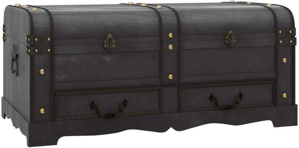 A dark-colored, antique-style storage chest with two drawers at the bottom and a curved lid.