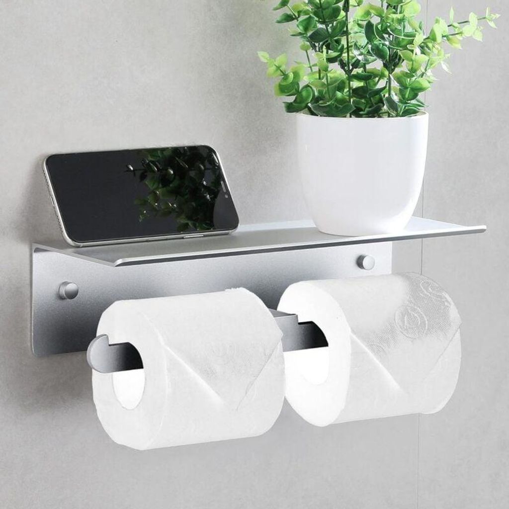 Wandmontierter Toilettenpapierhalter aus Aluminium, hygienischer Doppelrollenhalter mit Ablagefläche, kein Bohren erforderlich, mit Kantenschutz u...