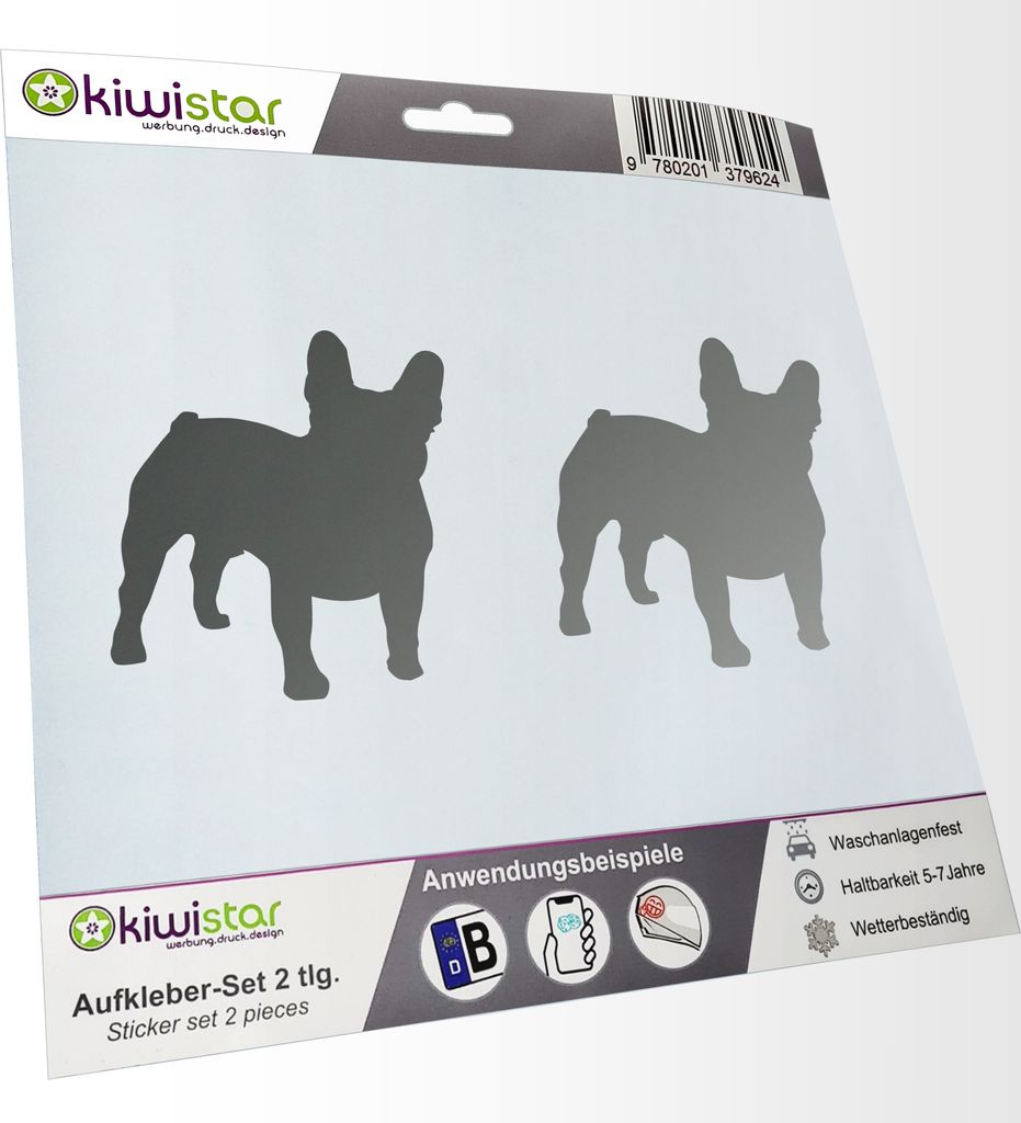 Kiwistar - 2x Kennzeichenaufkleber - silber - 21 mm Französische Bulldogge Hund Aufkleber für Auto, Laptop, Fahrrad, LKW, Motorrad Mehrfarbig JDM...