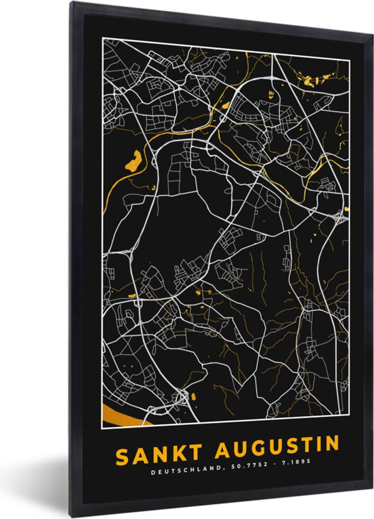 MuchoWow Gerahmtes Poster Stadtplan - Karte - St. Augustin - Gold - Deutschland - Karte 60x90 cm - Poster mit Schwarzem Bilderrahmen Wandposter R...