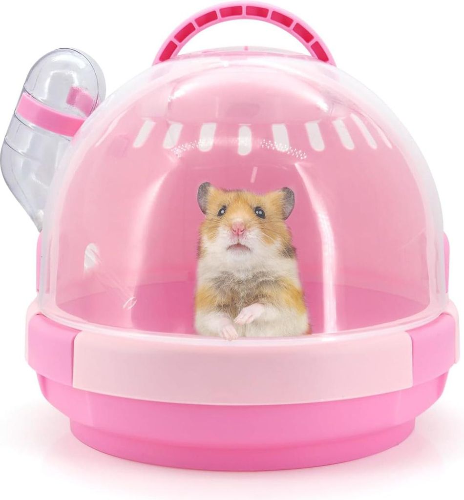 Tragbare Mäuse Reisetasche - Kunststoff Tragetasche - Hamsterkäfig für kleine Tiere mit Wasserflasche - Rosa