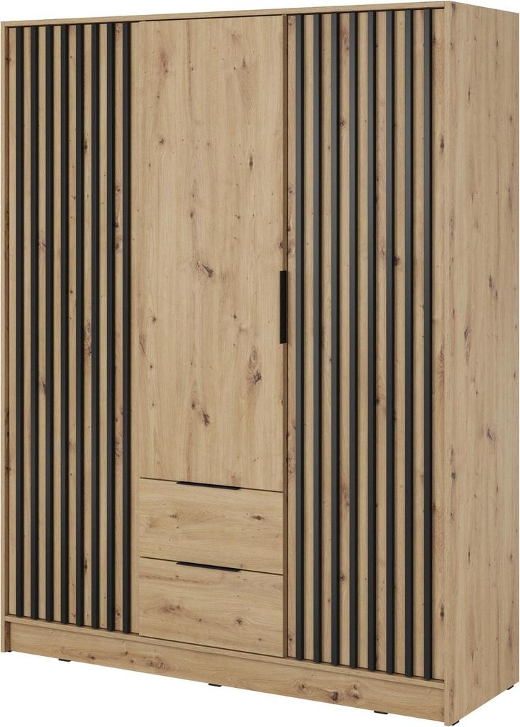 Kleiderschrank Stilo Eiche Artisan mit Lamellen – 155 cm, 3 Türen, 2 Schubladen, Kleiderstange, Modern