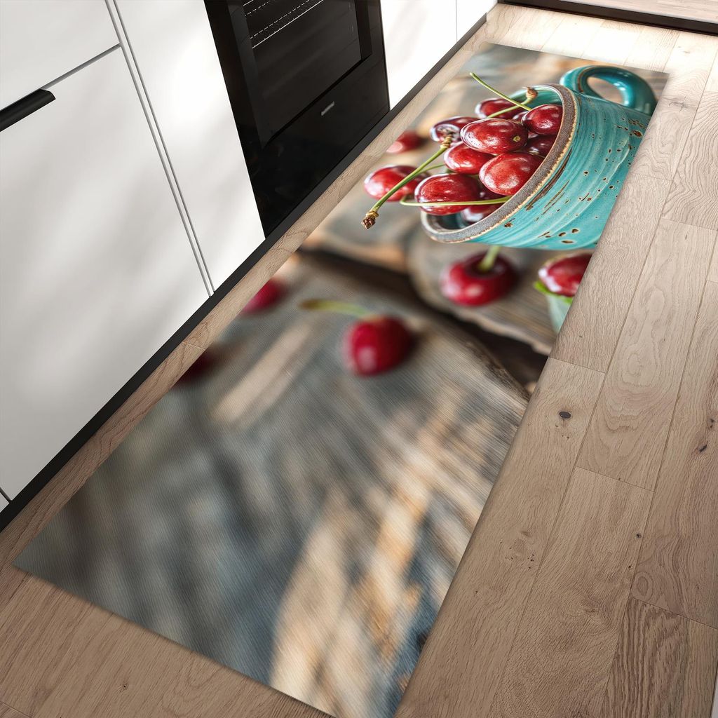 Küchenteppich 80x250cm rutschfest & abwischbar PVC Läufer - Tasse mit Kirschen
