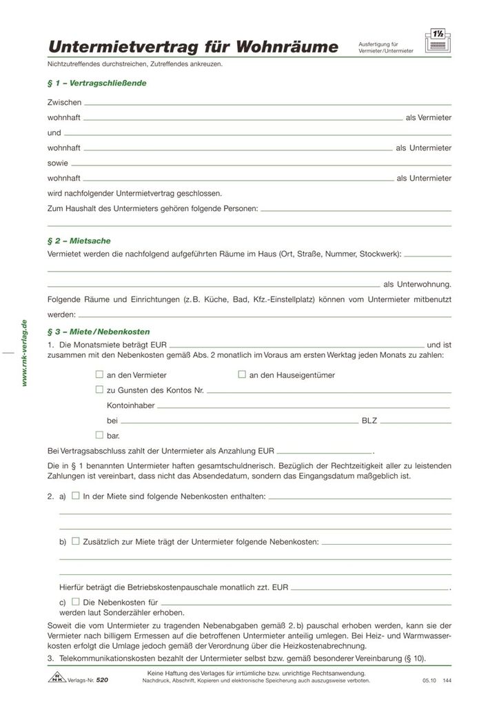RNK Verlag 520 Contrat de sous-location pour locaux Image du produit 