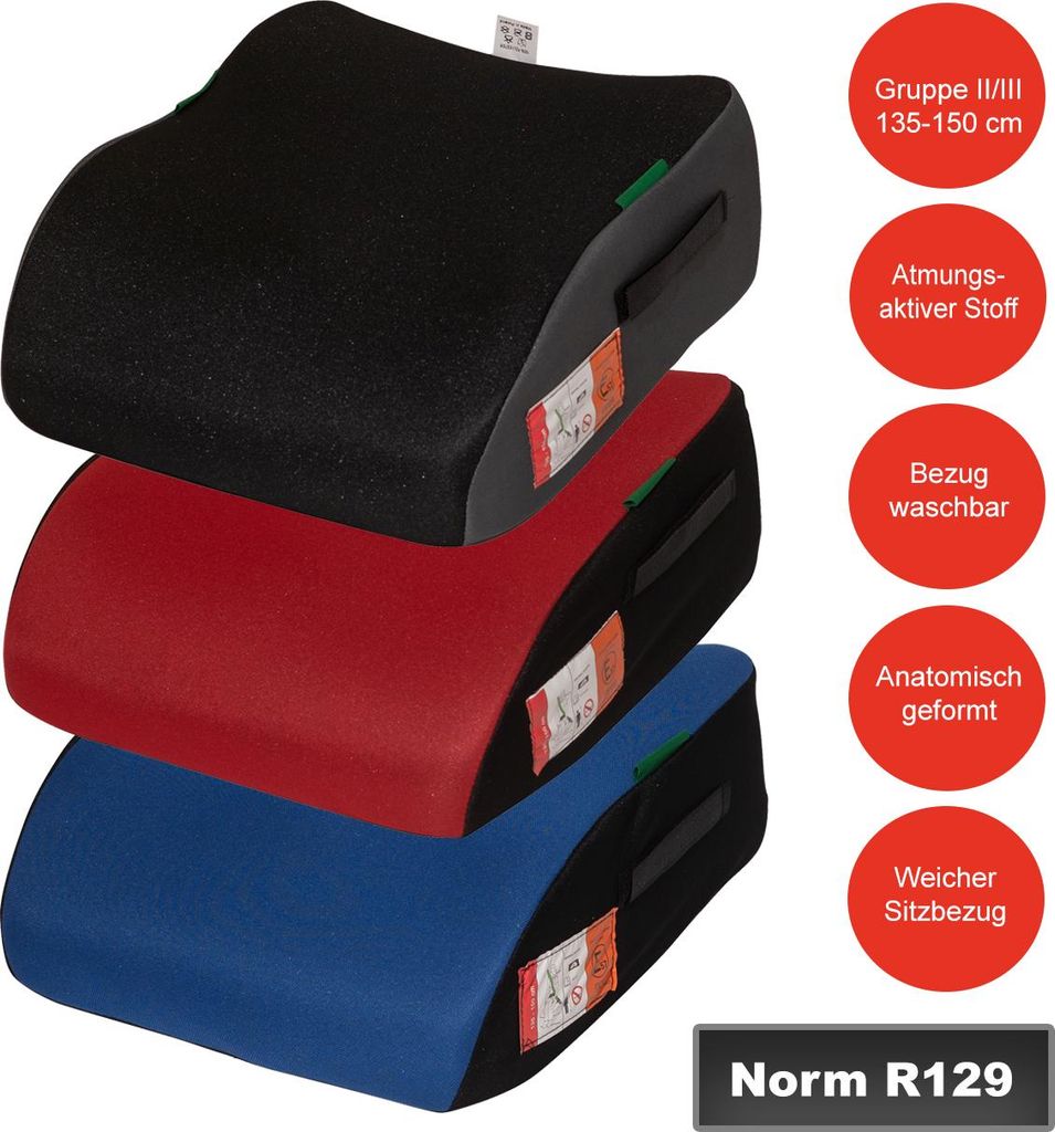 Three car seat booster cushions stacked on top of each other, in black, red, and blue. Red circles with text are on the right side of the image.
