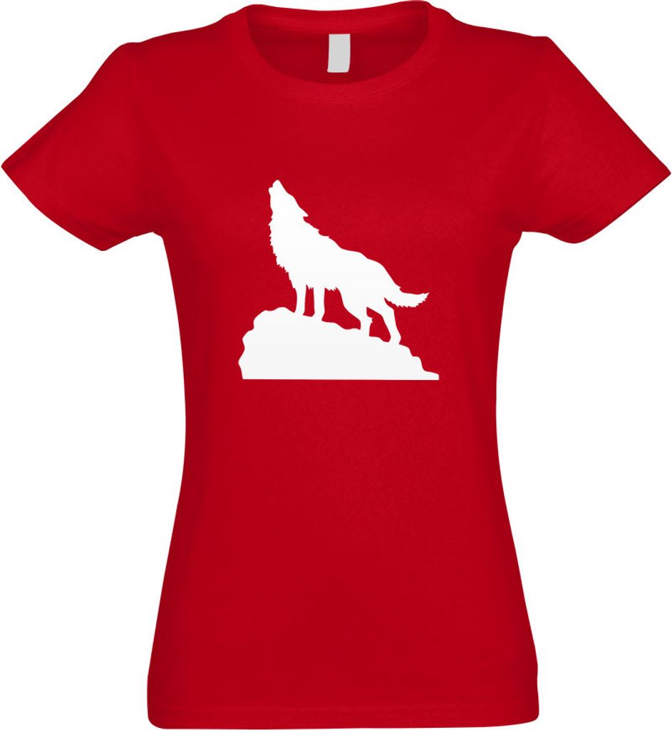 Kiwistar - T-Shirt tailliert - Damen - rot - Heulender Wolf auf Fels - mit Motiv Bedruckt - Funshirt Design - Sport - Freizeit - Damen - S