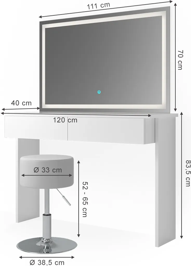 Coiffeuse avec Miroir Éclairant et Siège pour Coin Beauté