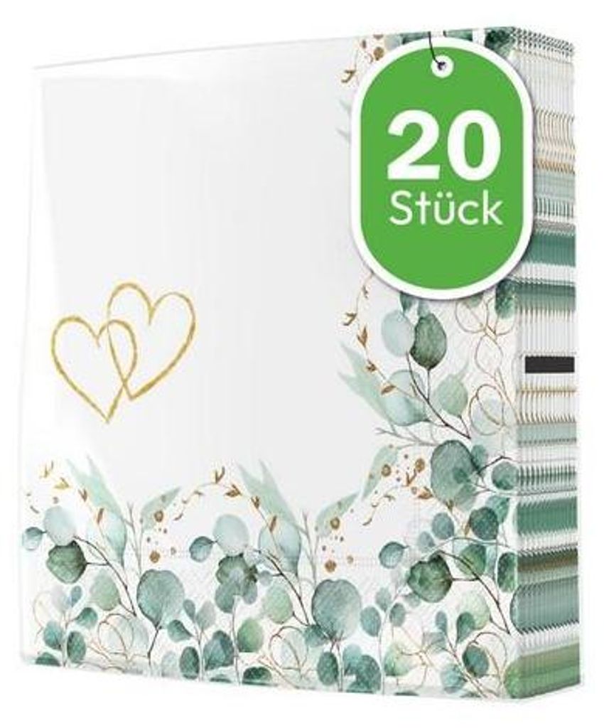 20 Servietten Eucalyptus Frame Hearts - Eukalyptus Bordüre Produktbild 