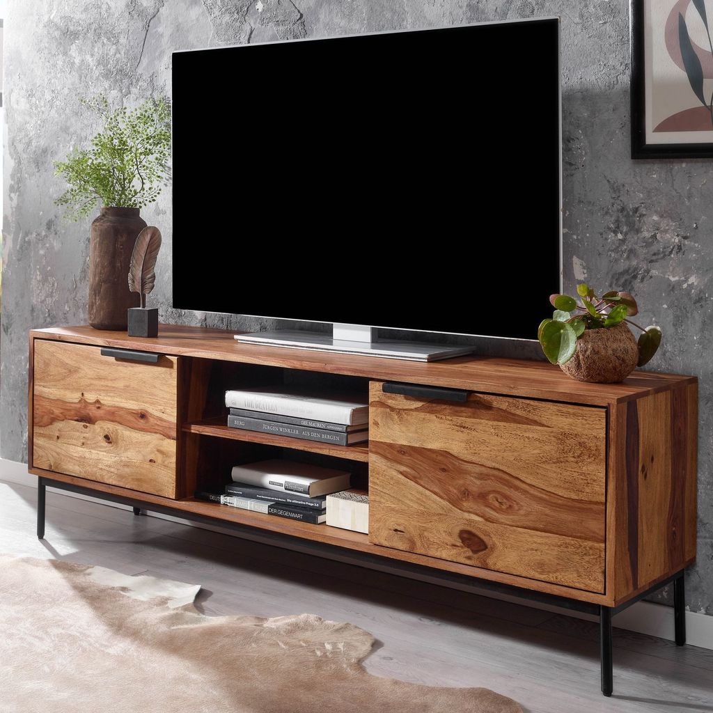 FineBuy Lowboard Sheesham Massivholz 147x51x38 cm TV-Kommode mit zwei Türen TV-Schrank Hoch Fernsehtisch Fernsehschrank Modern Fernsehkommode